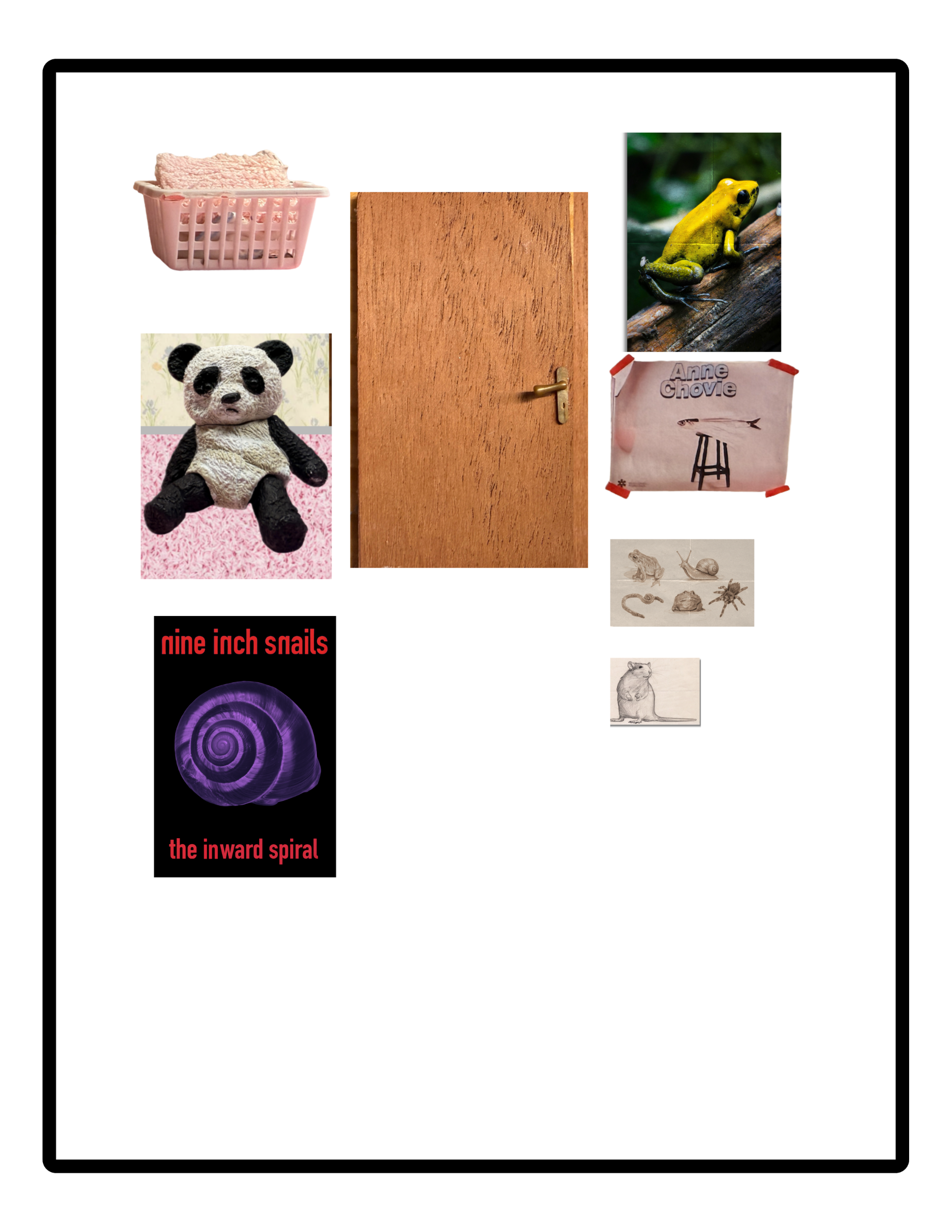 A collage of various objects including a pink laundry basket, a plush panda toy, a wooden door with a latch, a yellow frog on a log, a pink cloth with purple text, a purple spiral shell, and sketches of animals.