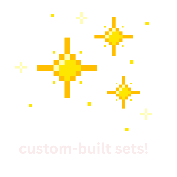 Pixelated yellow stars and sparkles on a black background with white text that reads 'custom-built sets!'