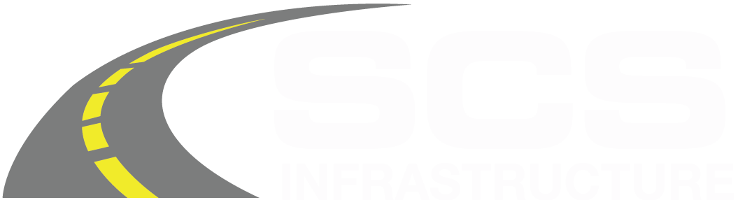 Logo for SCS Infrastructure featuring a curved road design and bold text.