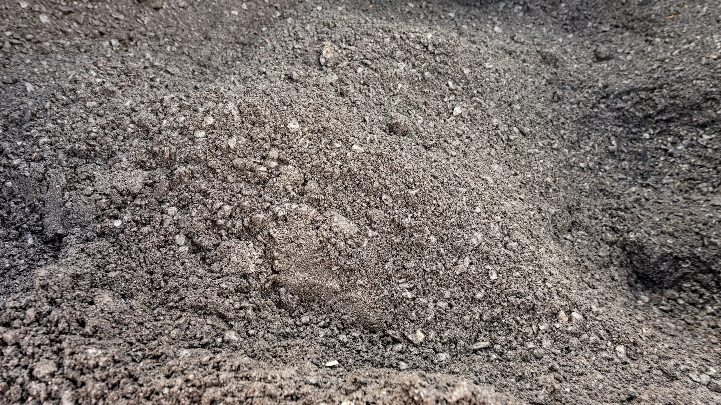 Close-up view of dark, granular soil or dirt.