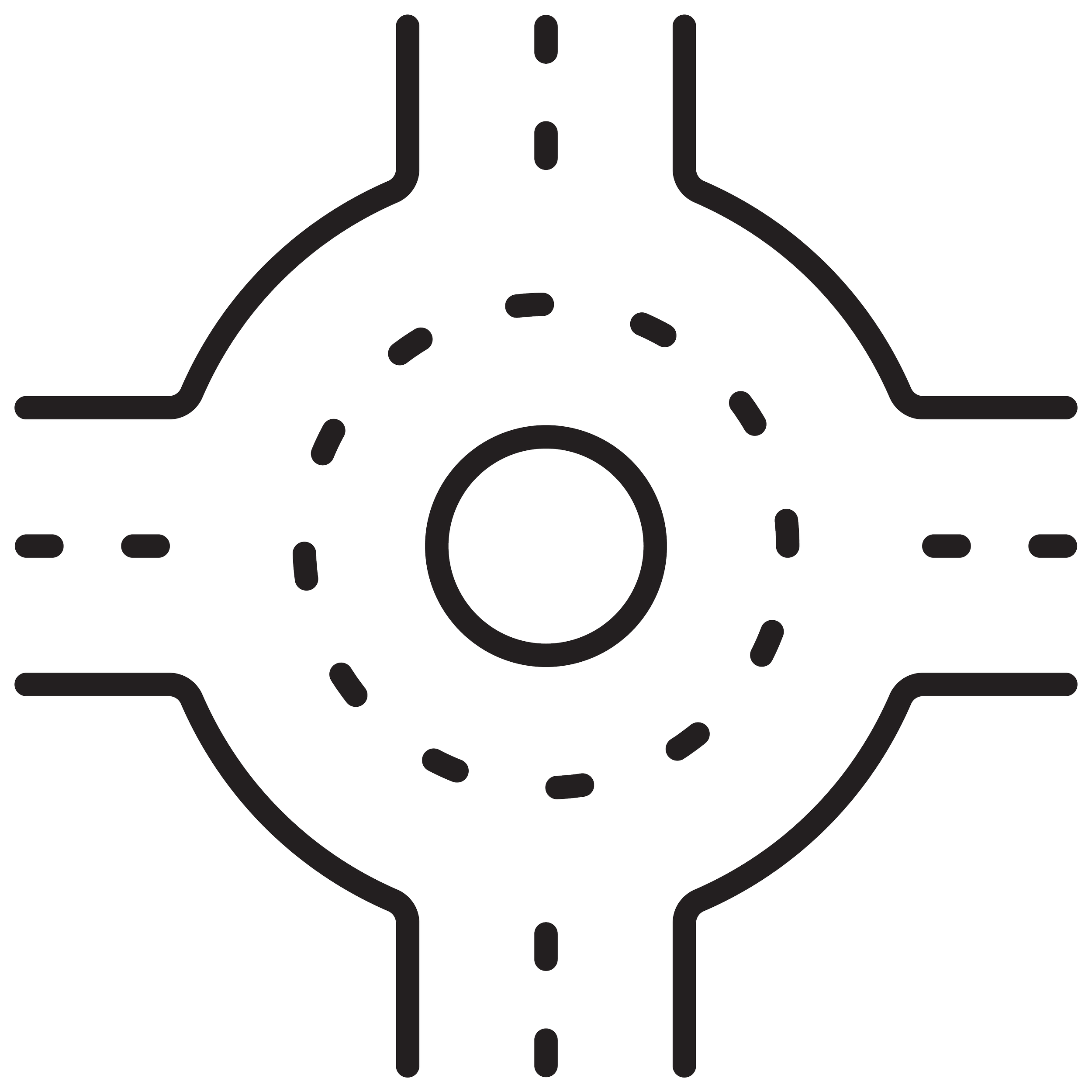 A line drawing of a mechanical fan or turbine blade with multiple elongated, curved blades radiating from a central hub.