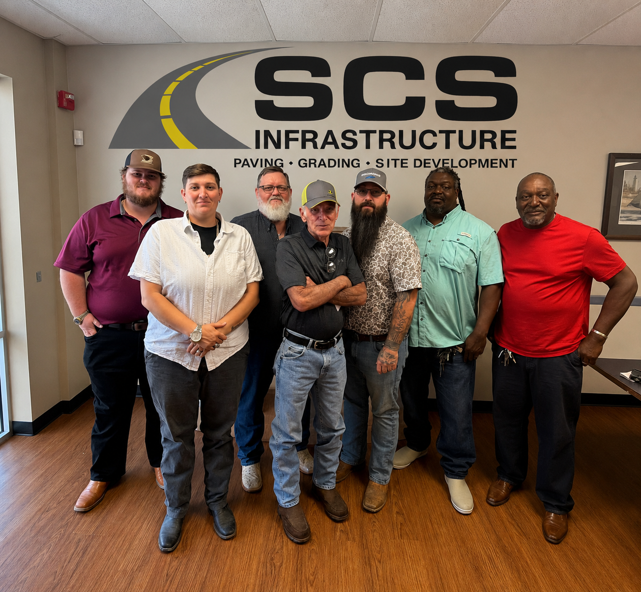 A group of eight diverse people standing in front of a wall with a logo and text for 'SCS Infrastructure,' which offers paving, grading, and site development services. The group includes men and women of different ages and ethnicities, dressed casually. Some are smiling, and one man in the center has his arms crossed.