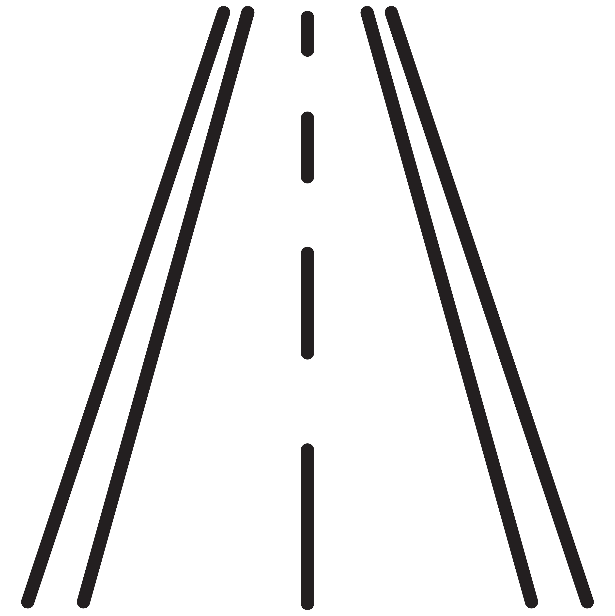 Black illustration of a road with dashed yellow lines in the center, surrounded by four dark gray trees.