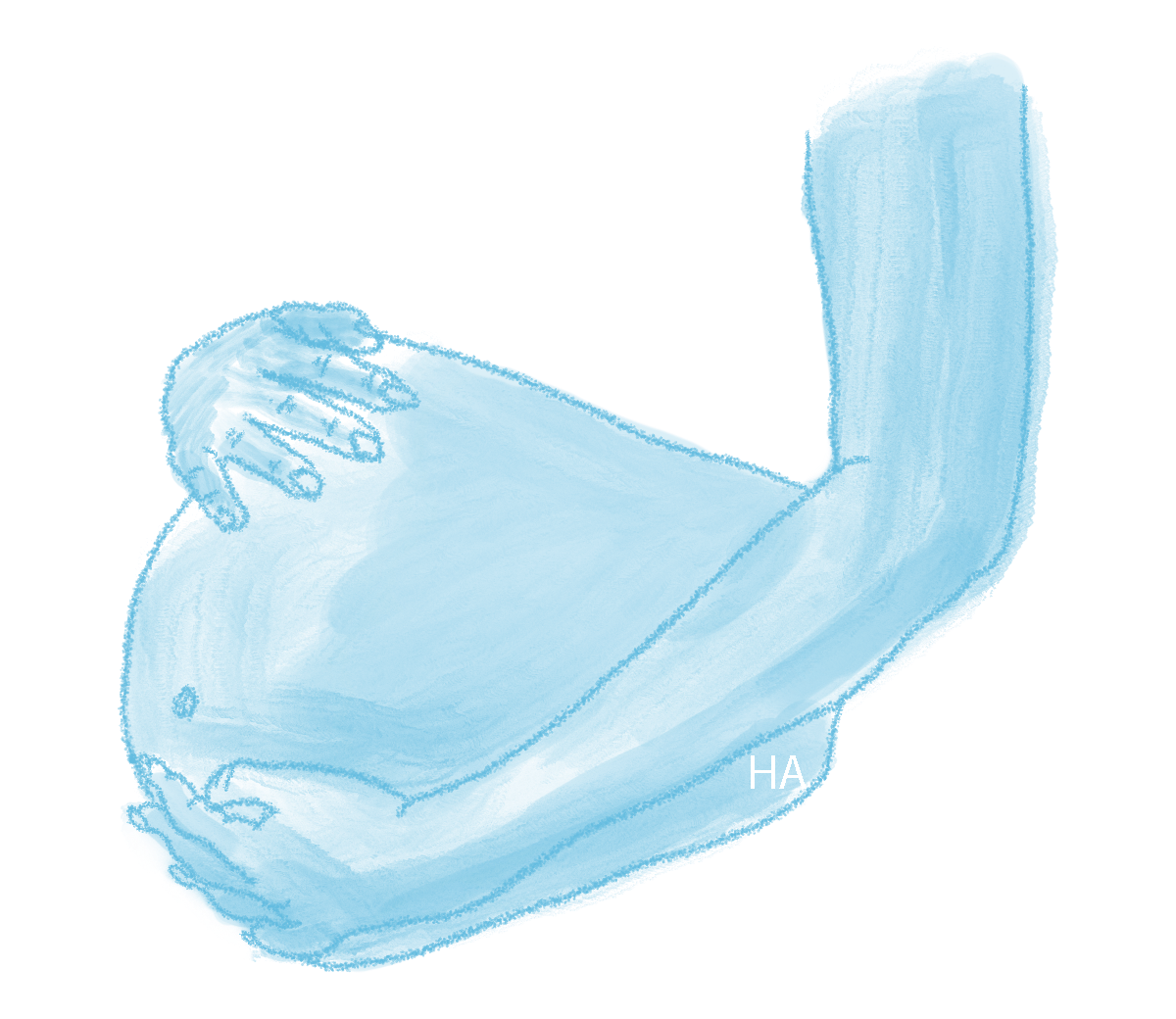 A blue illustration of a bicep curl with barbell, labeled with hydrogen and oxygen chemical symbols 'H' and 'O' on the muscle.