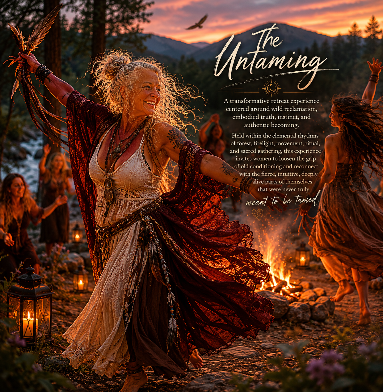 Women dancing around a campfire at sunset, surrounded by lanterns and mountains, part of a spiritual or ritual gathering