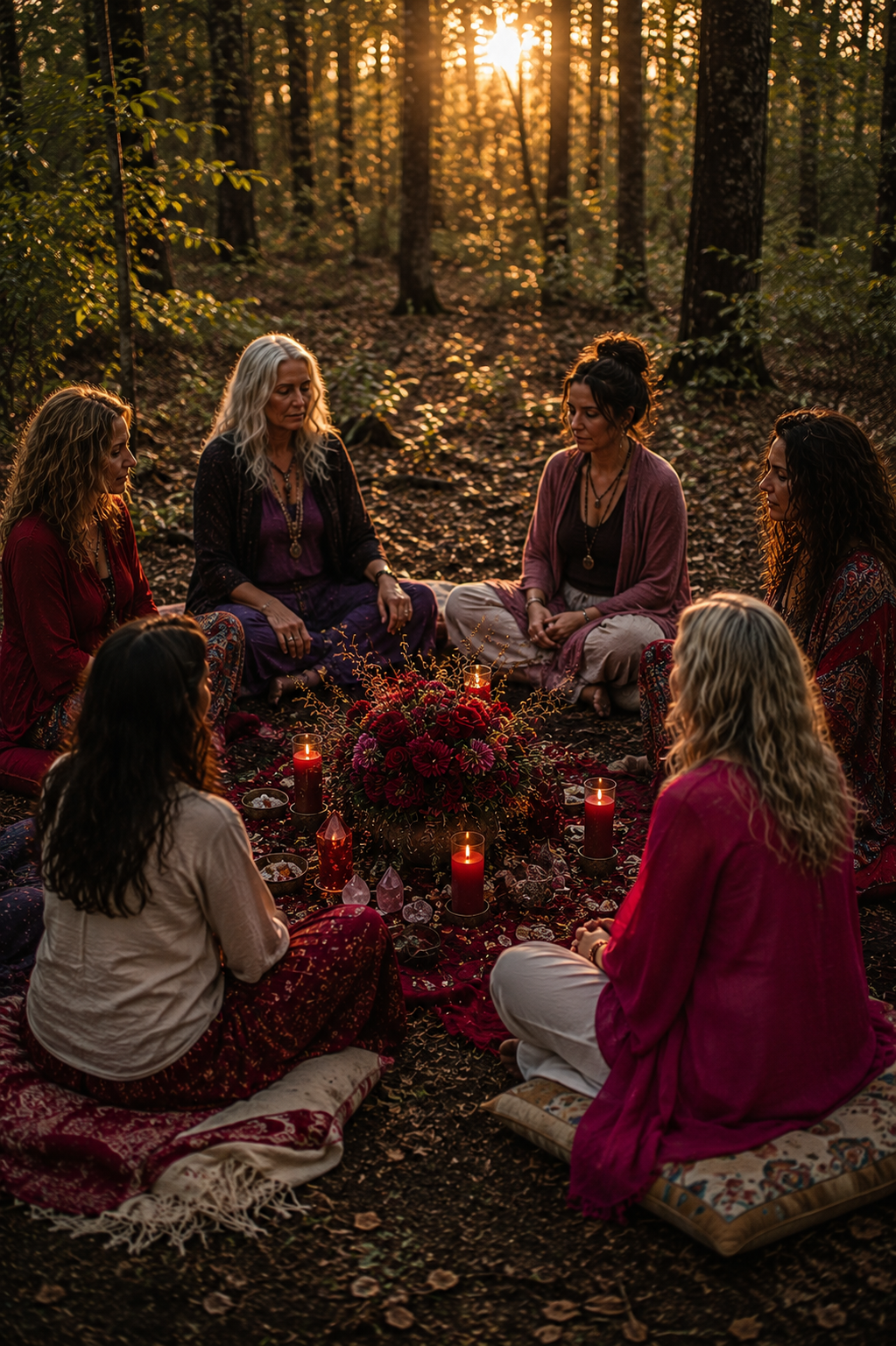 A group of seven women sitting in a circle around a floral centerpiece with candles and crystals in a wooded forest at sunset, engaged in a spiritual or meditation ritual.