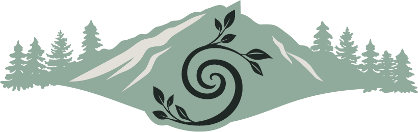 Stylized illustration of a mountain landscape with pine trees, featuring a spiraled vine with leaves in the foreground.