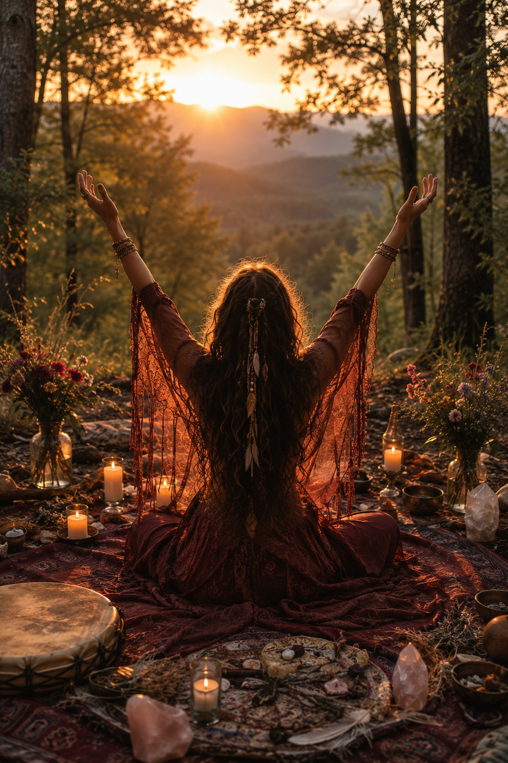 A woman dressed in bohemian clothing sits cross-legged on a patterned rug in a forest clearing during sunset, with arms raised towards the sky. The scene is decorated with candles, flowers, crystals, and other spiritual items.