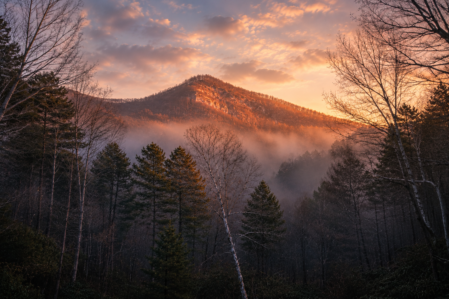 Sunset over a mountain with a forest in the foreground, mist rising among the trees, colorful sky with clouds.