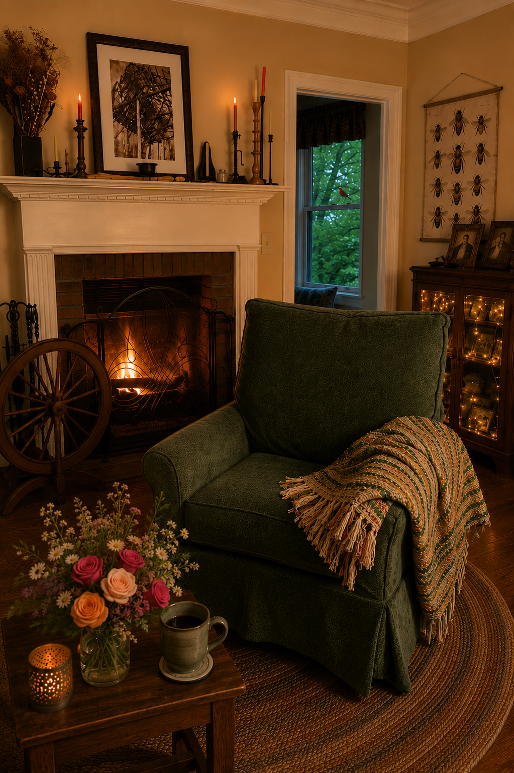 Warm and welcoming hearthroom at Shimmering Ridge Sanctuary with a glowing fireplace, comfortable reading chair, fresh flowers, and peaceful spaces that invite rest, reflection, and authentic connection during women's retreats.