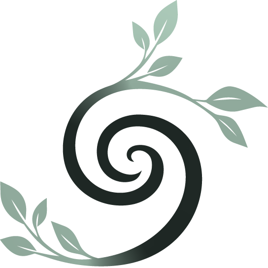 A black spiral at the center with light green leaves extending from the top and bottom.
