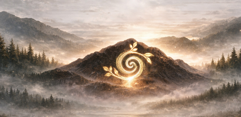 A mountainous landscape with mist and trees in the background, featuring a golden spiral symbol with leaves on a mountain.