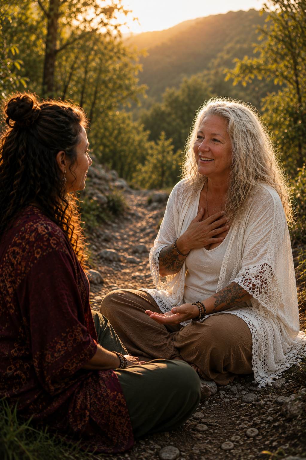 Two women sit facing each other on a rocky trail in a forest at sunset, engaging in a heartfelt conversation, one with hand on her chest and the other with hands open on her lap, surrounded by trees and a mountain in the background.