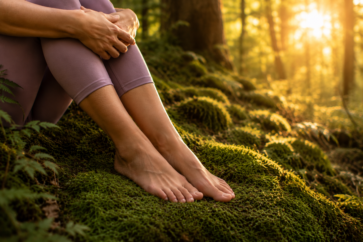A person sitting on mossy ground in a forest with sunlight streaming through trees, showing their legs and hands resting on their knees.