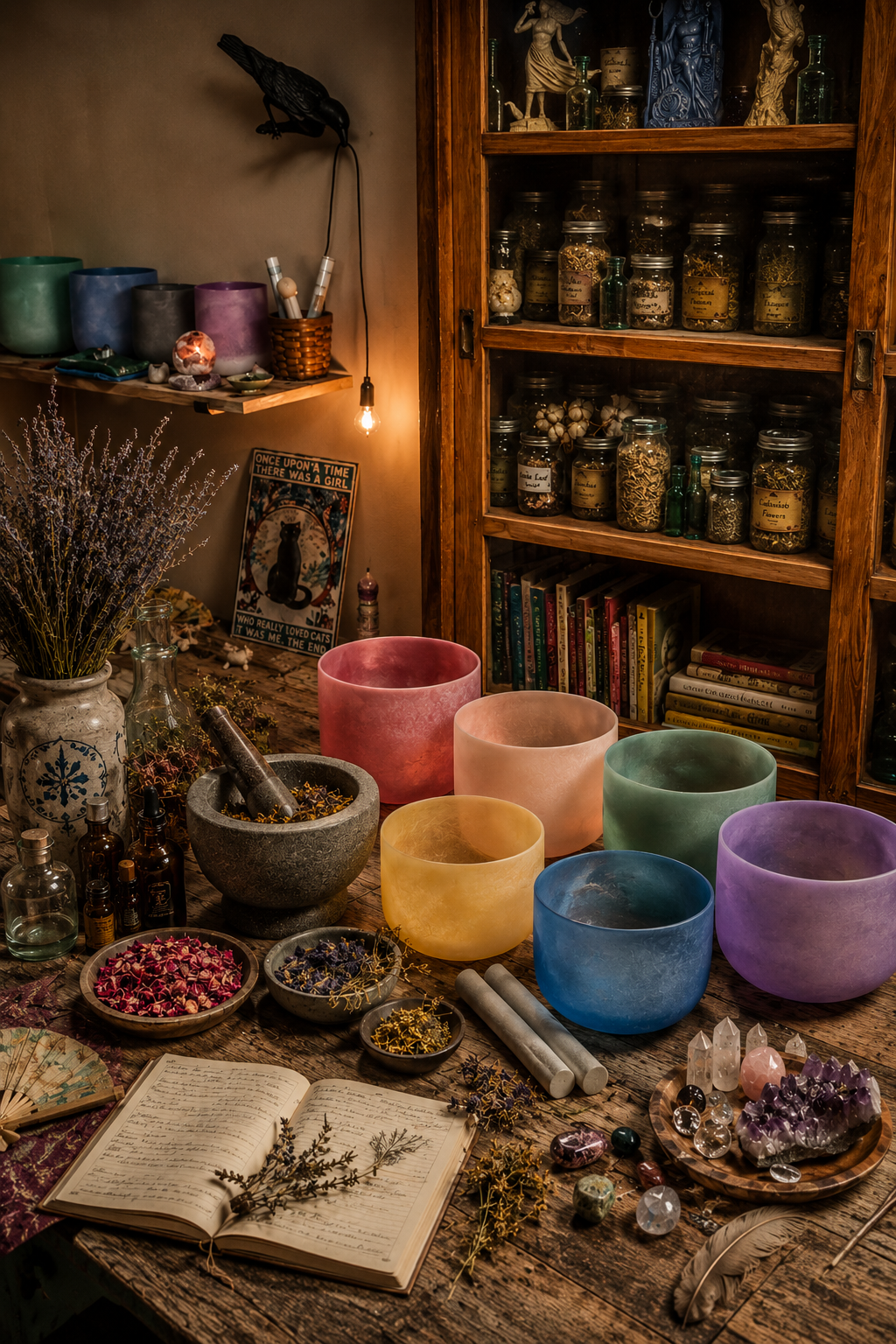 A tabletop filled with colorful singing bowls, dried flowers, gemstones, and an open book, with shelves of jars containing dried herbs, and books behind.