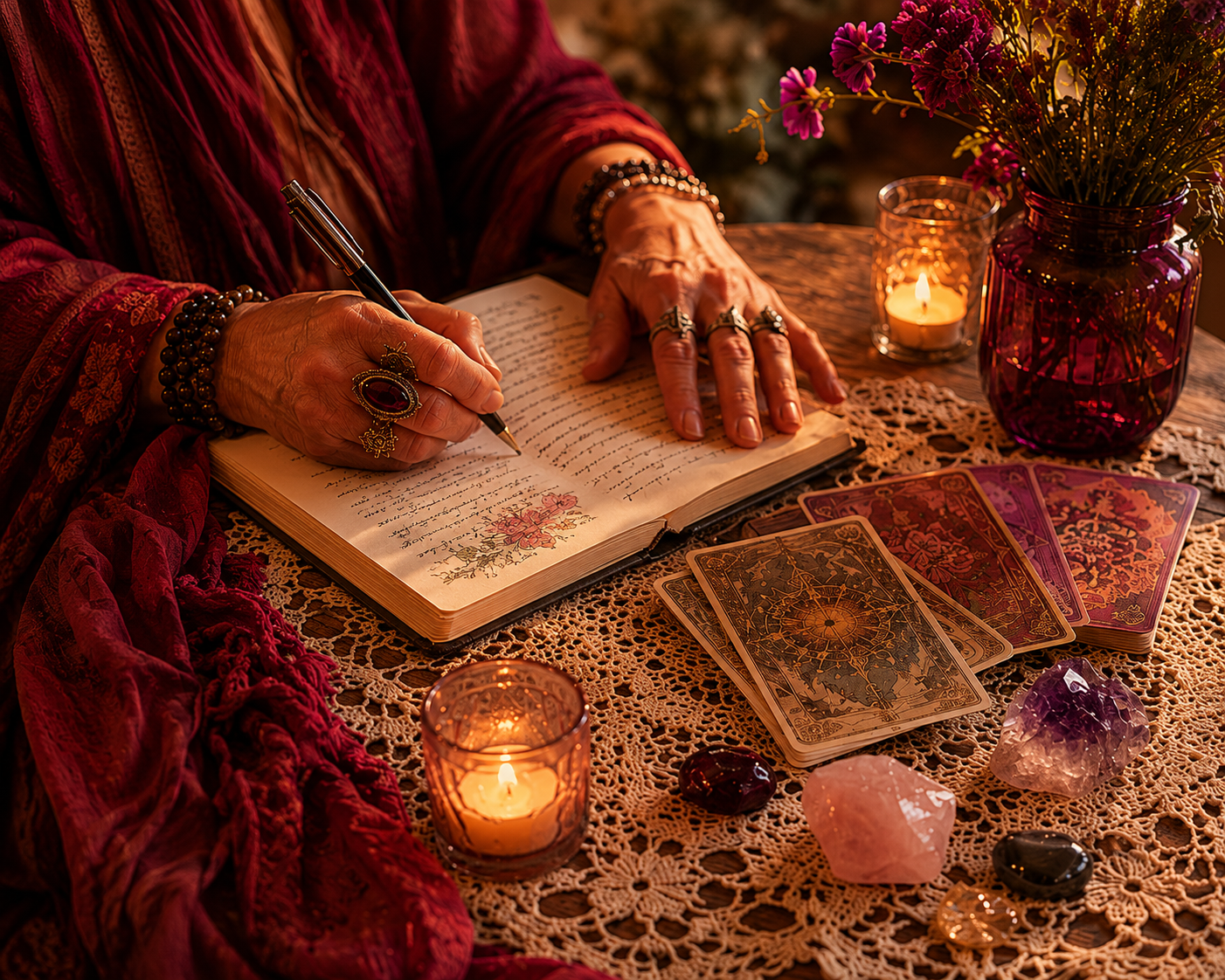 A person with ornate jewelry writes in a notebook at a table decorated with tarot cards, crystals, candles, and flowers, under warm ambient lighting.