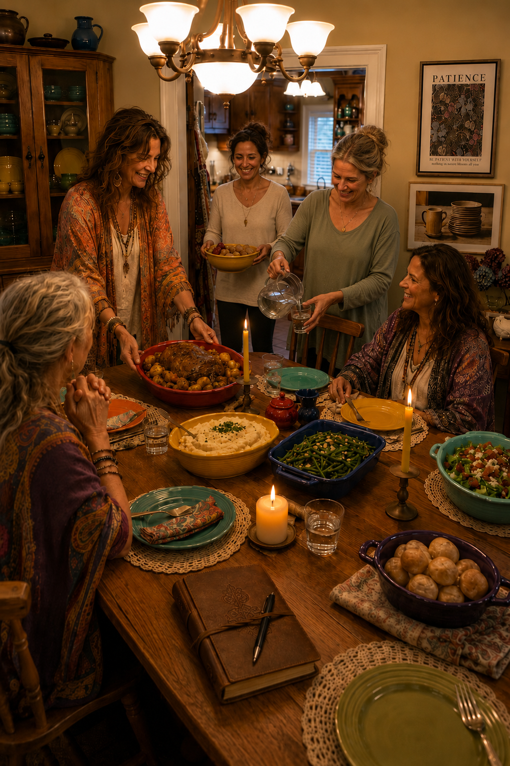 Women sharing a welcoming meal around the gathering table at Shimmering Ridge Sanctuary, celebrating community, hospitality, and meaningful connection during a retreat.