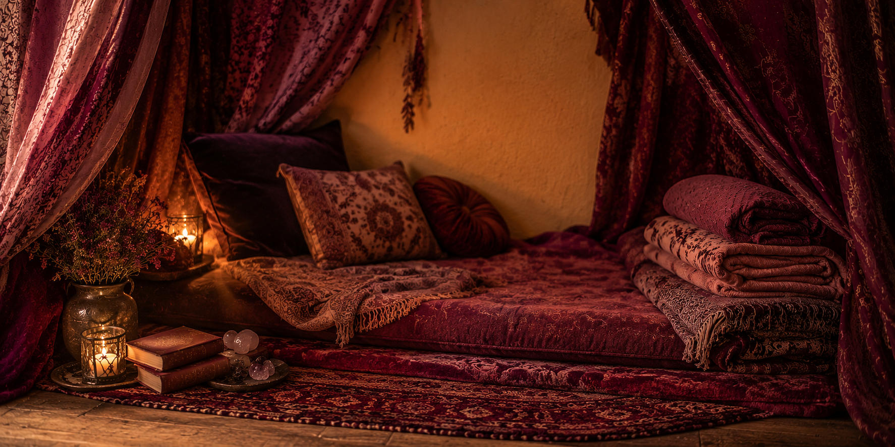 A cozy, luxurious nook with red velvet canopy, plush cushions, and blankets, decorated with candles, a vase of flowers, and vintage books.