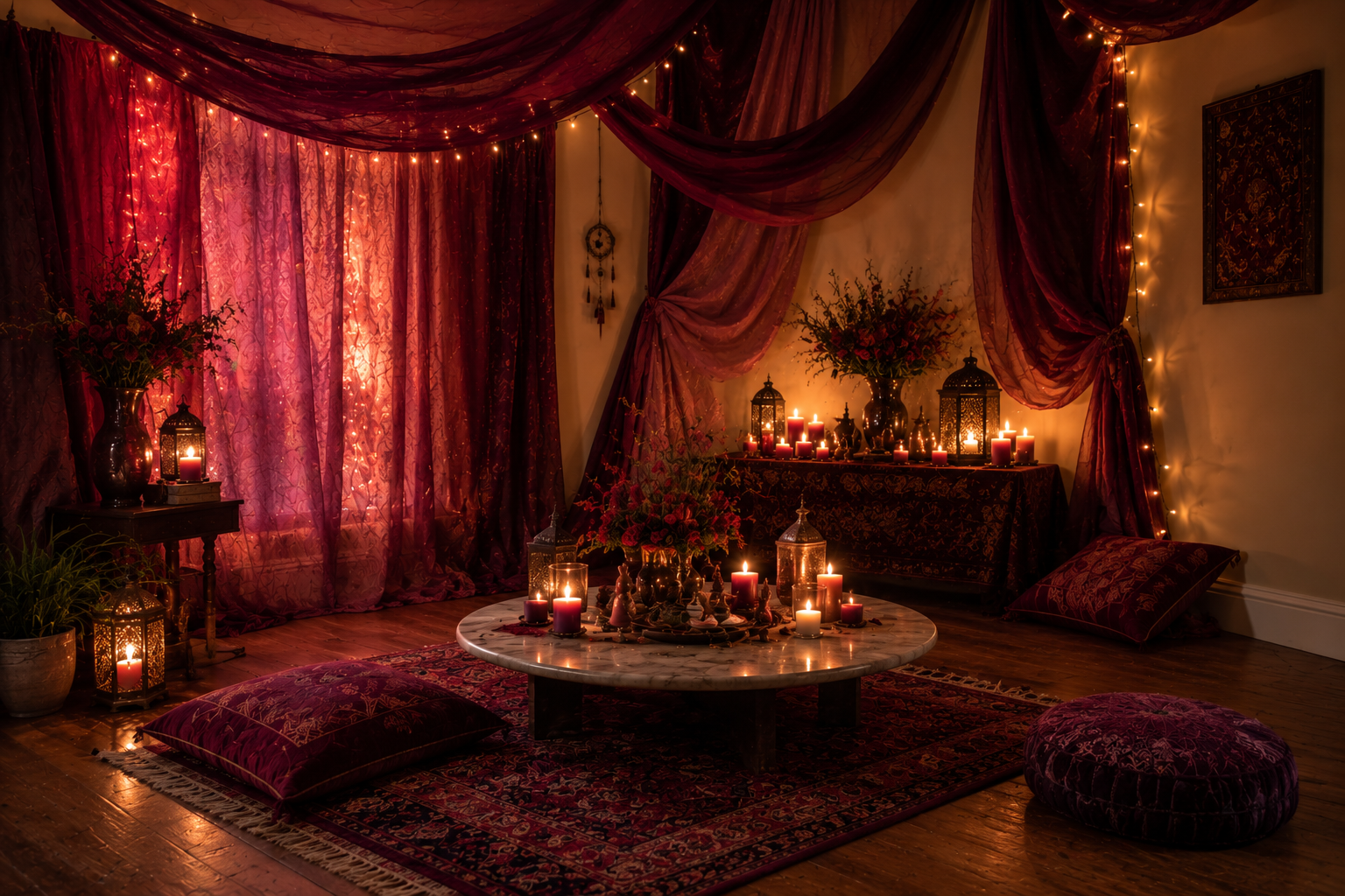 A cozy room decorated with red curtains, string lights, and candles on tables and the floor. Vintage lanterns, flower arrangements, pillows, and a decorated table enhance the warm, intimate ambiance.