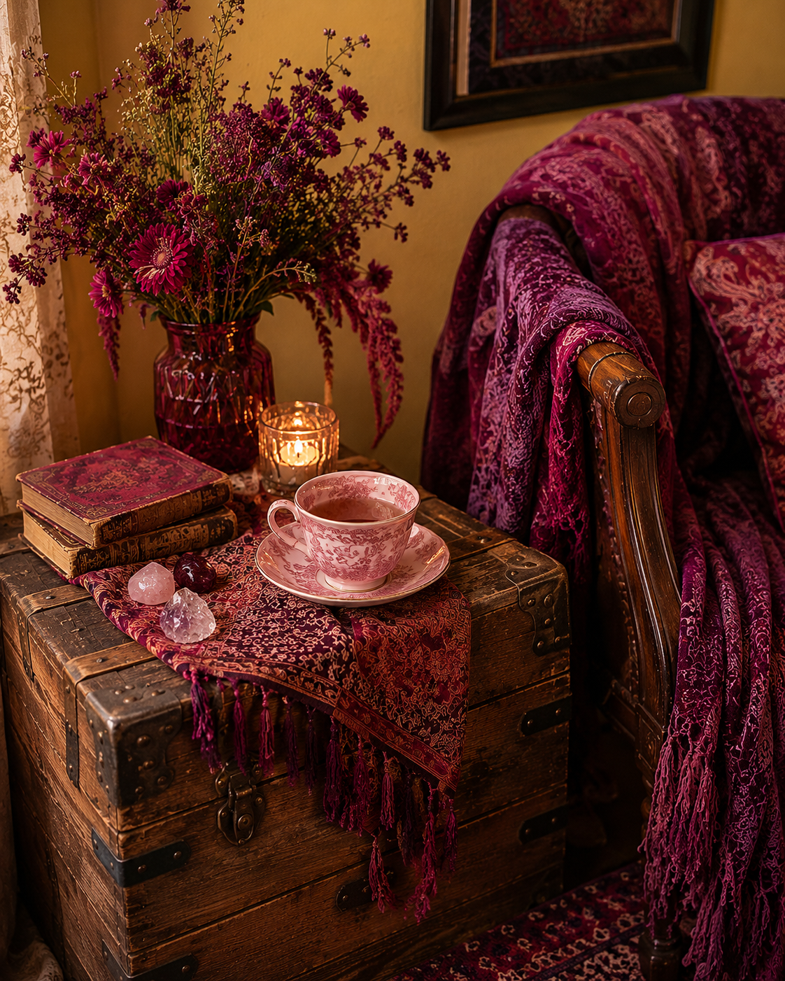 A cozy corner with a wooden chest used as a table, decorated with a pink patterned cloth, a teacup with a saucer, vintage books, a candle, a pink glass vase with purple flowers, and some crystals. An ornate purple and maroon patterned fabric drapes over a vintage wooden chair.