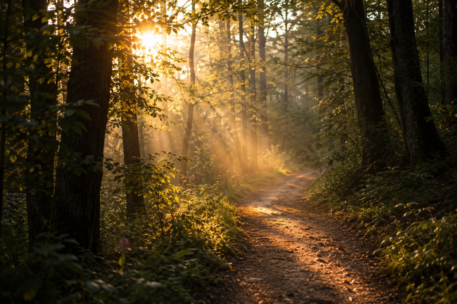 A dirt trail winding through a dense forest with sunlight filtering through the trees at sunrise or sunset, creating rays of light and a warm glow.