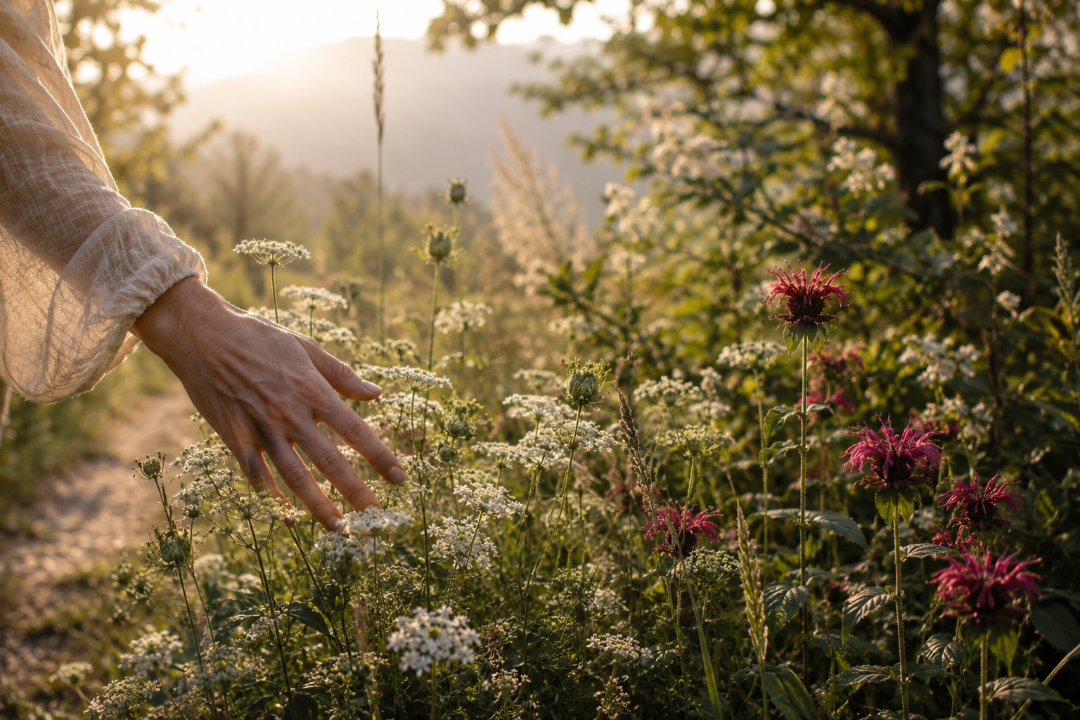 A person's hand reaching out to touch wildflowers in a sunlit field during sunset, with trees and mountains in the background.