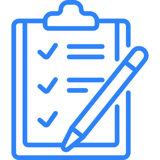 Blue icon of a clipboard with checkmarks and a pen.