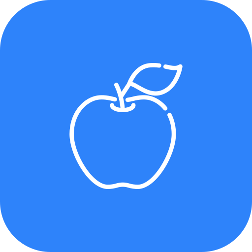Icon of an apple with a leaf on a blue background.