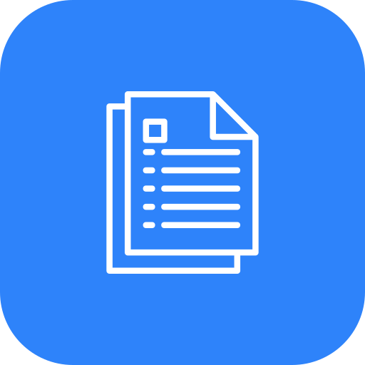 Icon of a document with lines of text and a small square image, on a blue background.