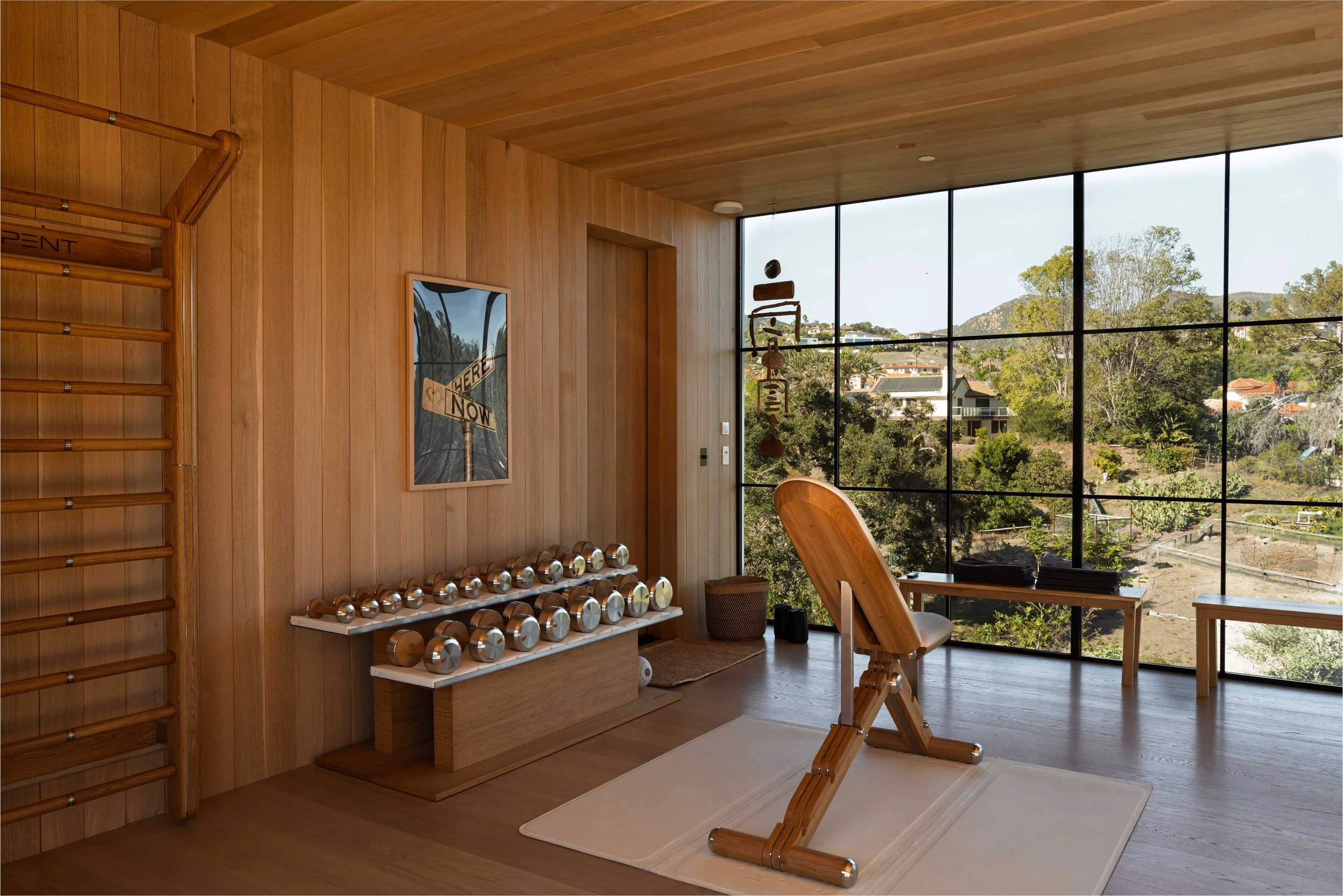 Wood-paneled home gym with dumbbell rack and canyon view, Point Dume Malibu home