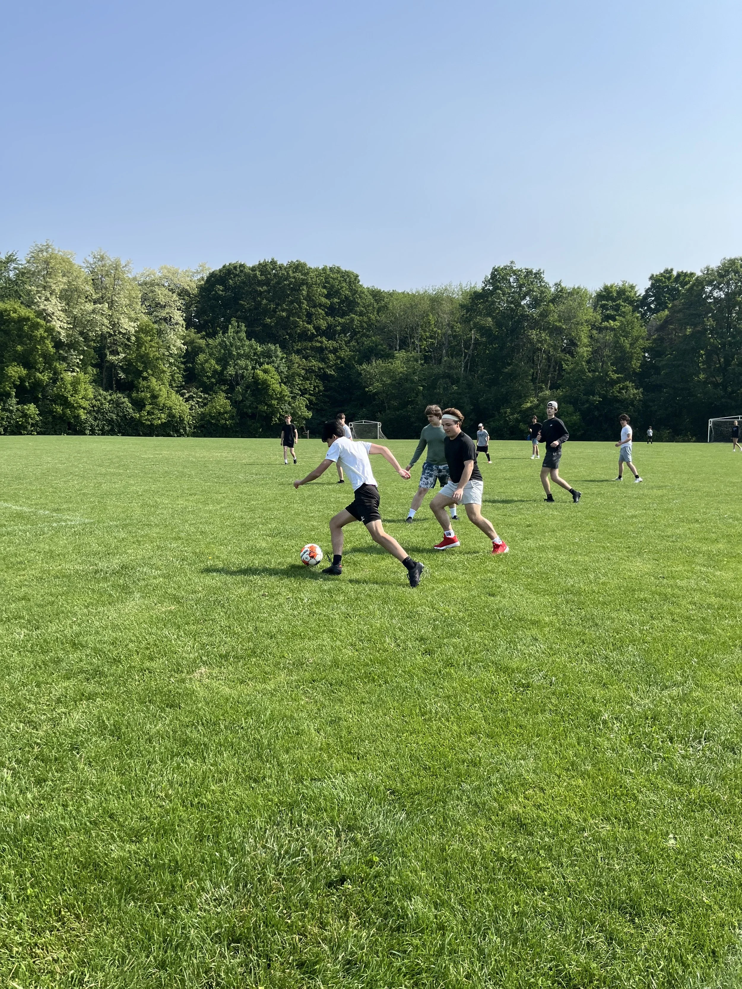 A group of young people playing soccer on a green field with trees in the background and a clear blue sky overhead.
