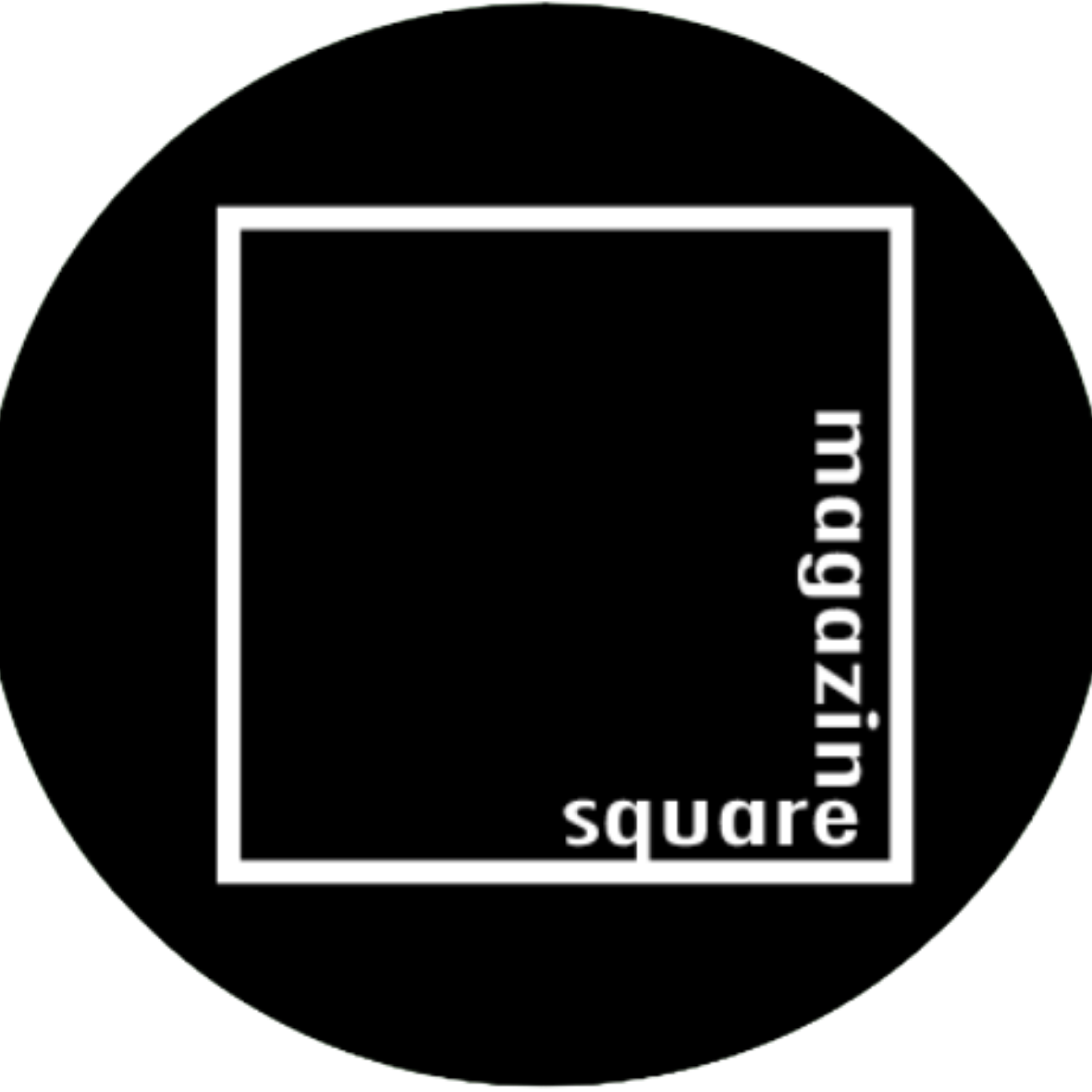 A black circular background with a white-outlined square in the center and the word 'square' written in lowercase at the bottom right corner, rotated 90 degrees clockwise. The dimensions '10x10 cm' are written vertically on the right side.