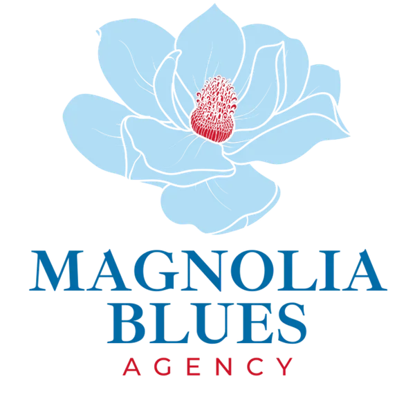 A blue magnolia flower with a red center and the words "Magnolia Blues Agency" in blue and red text below.