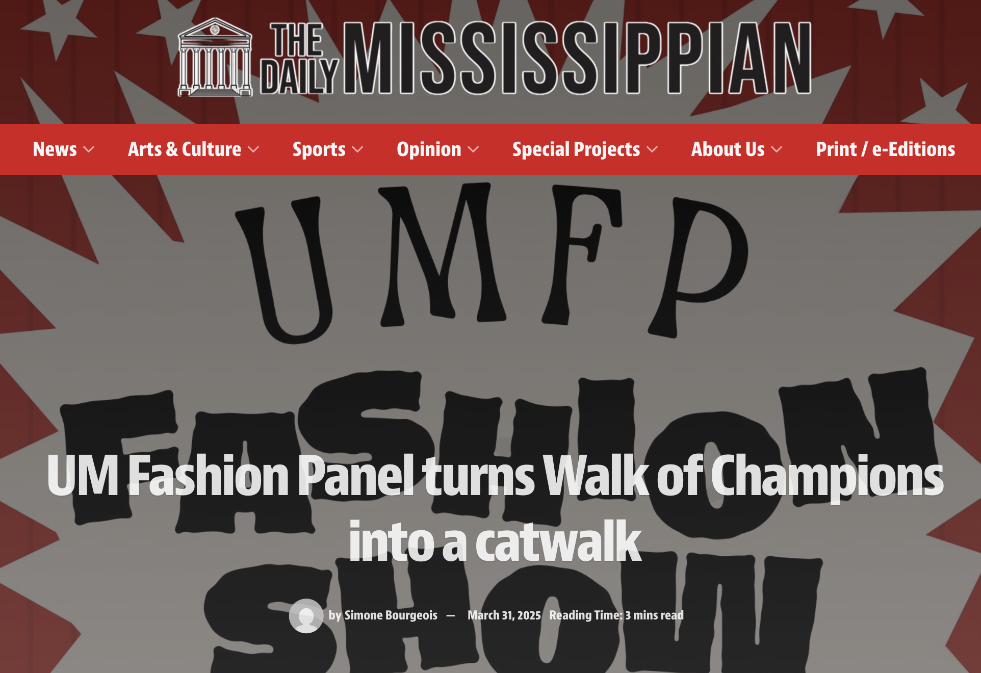 Screenshot of the top portion of a news website titled 'The Daily Mississippi,' with a red navigation bar containing categories such as News, Arts & Culture, Sports, Opinion, Special Projects, About Us, and Print / e-Editions. The main headline reads