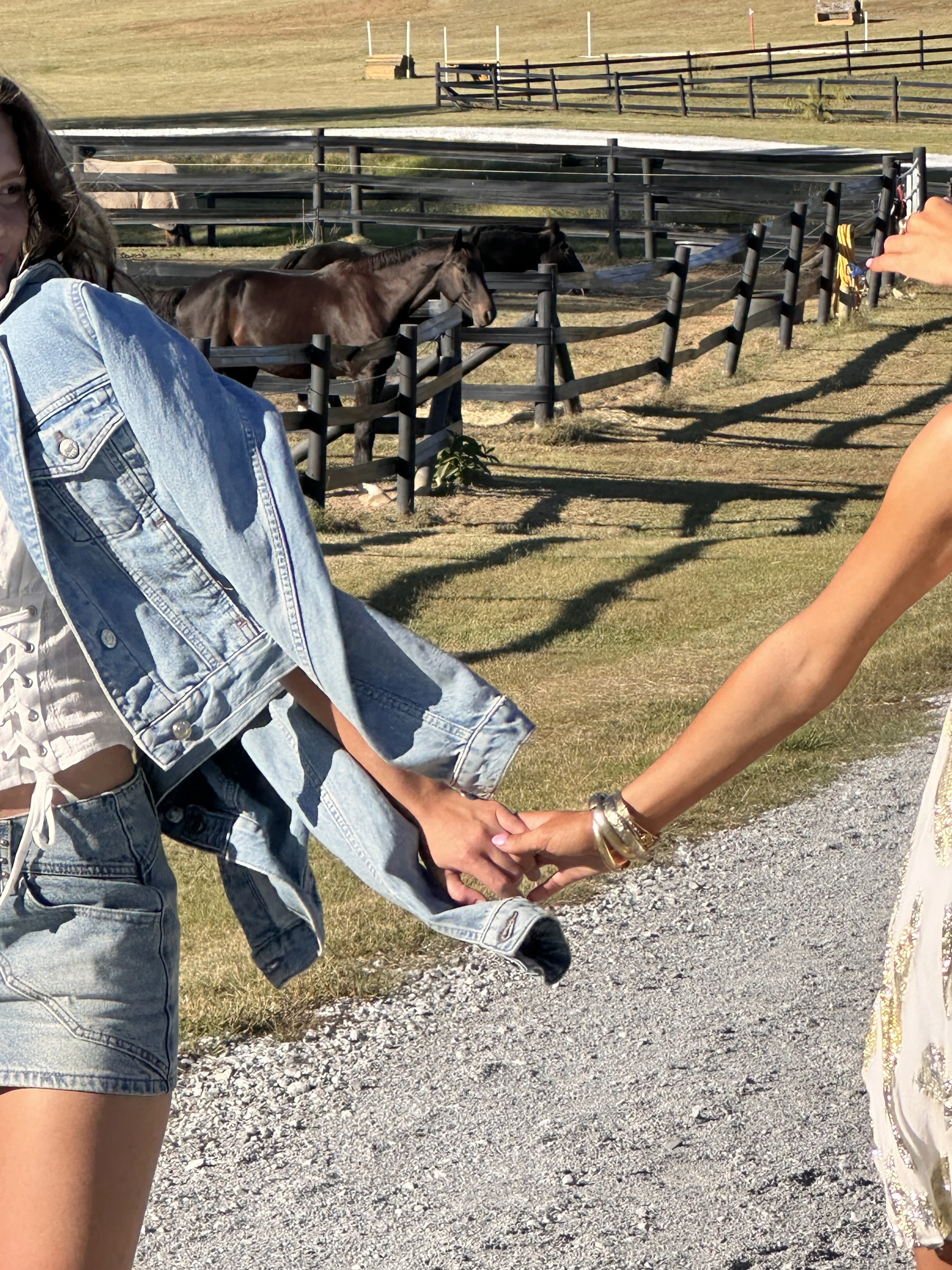 Two women holding hands outdoors, with a barnyard and horses in the background.