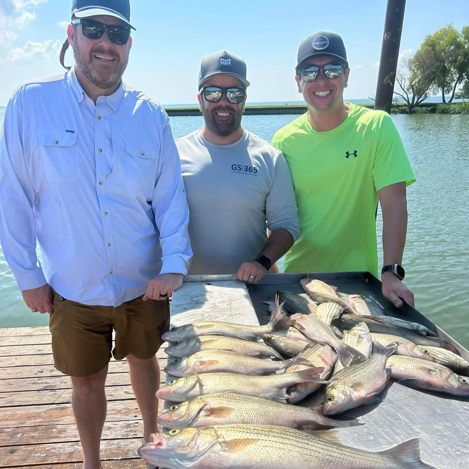 Three men standing on a dock behind a large pile of fish, holding a tray of freshly caught fish with water in the background, under a bright blue sky with some clouds.