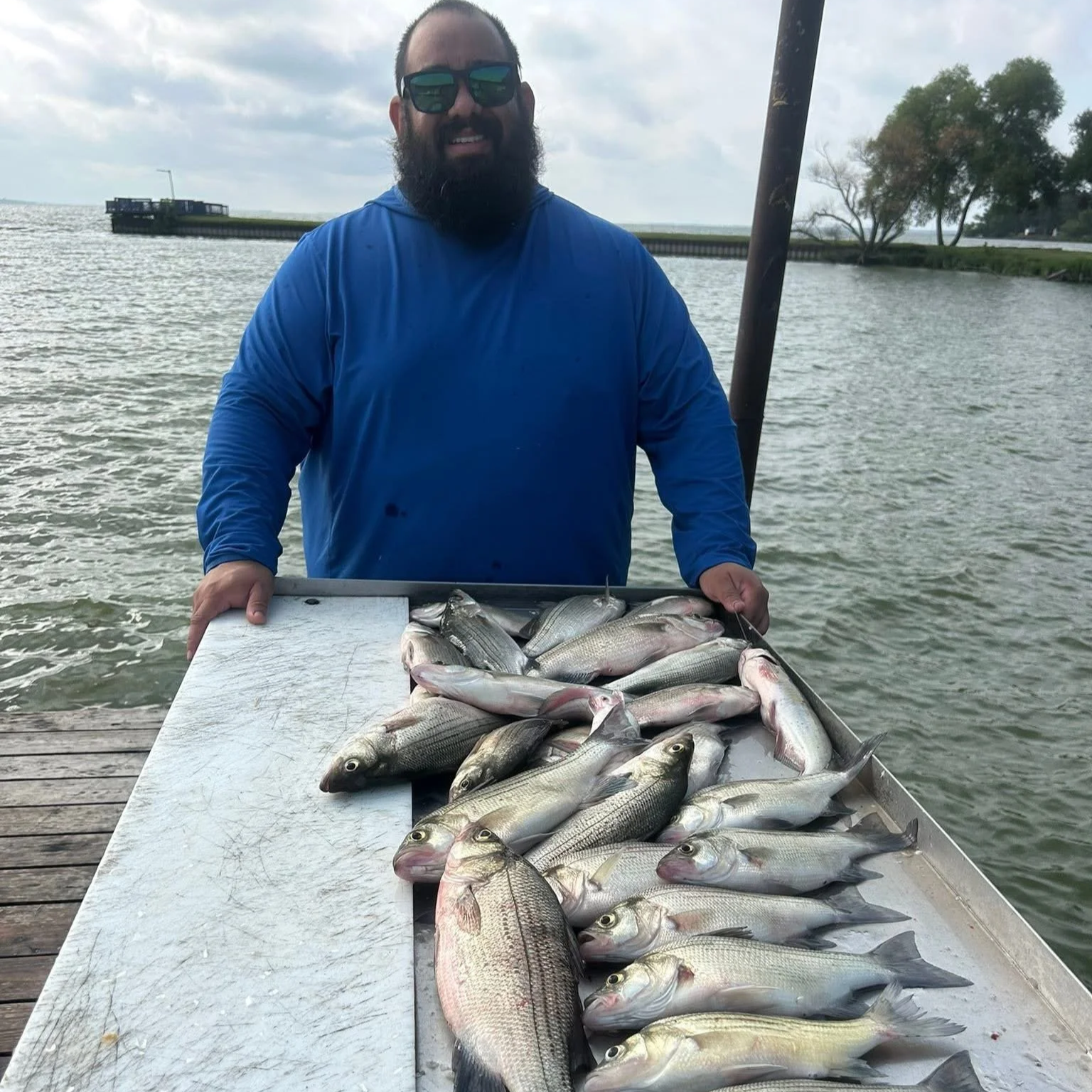A man with a beard and sunglasses wearing a blue jacket, standing behind a table filled with freshly caught fish, on a dock by the water with trees and a cloudy sky in the background.