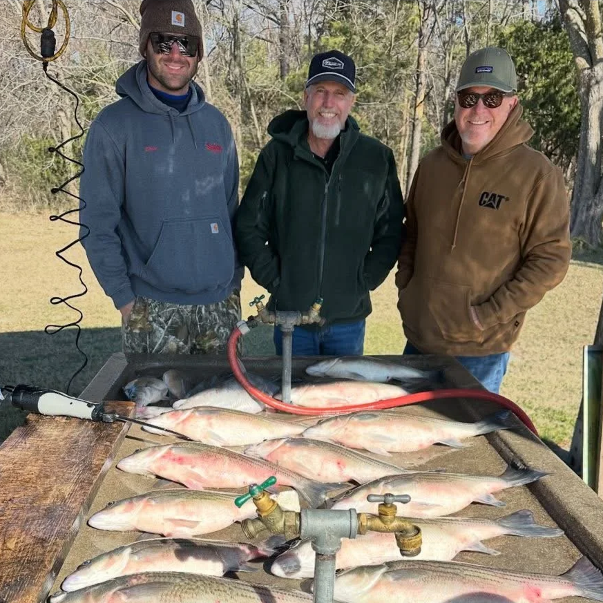 Three men standing outdoors behind a table with freshly caught fish. The man on the left is wearing a gray hoodie, camouflage pants, and sunglasses. The man in the middle has a gray beard, is wearing a black jacket and a black cap. The man on the rig