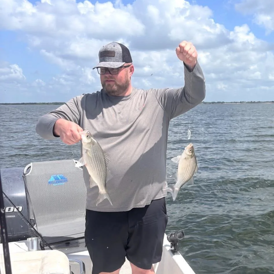 A man in a gray long sleeve shirt, black shorts, glasses, and a gray cap holds two fish, one in each hand, on a boat in a large body of water under a partly cloudy sky.
