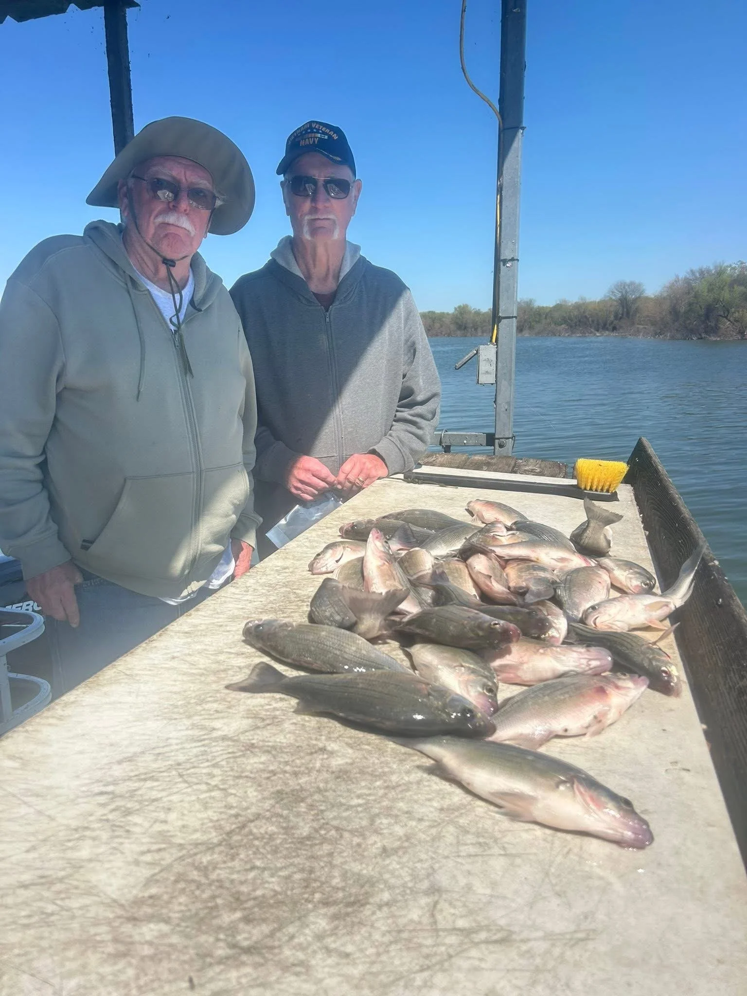 Two men stand behind a table filled with various fish, on a boat by a body of water under a clear blue sky.