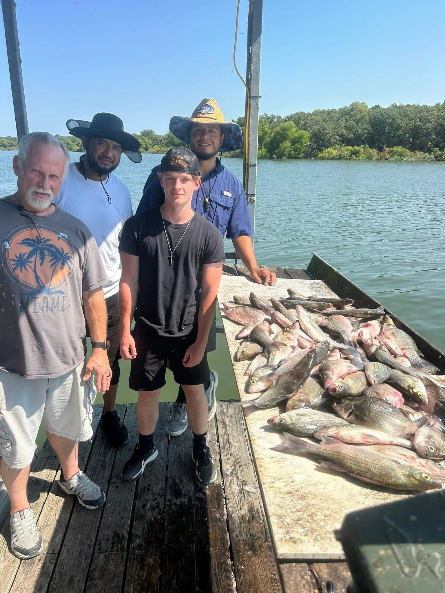 Four men standing on a wooden dock beside a table filled with caught fish, with water and trees in the background, under a clear blue sky.