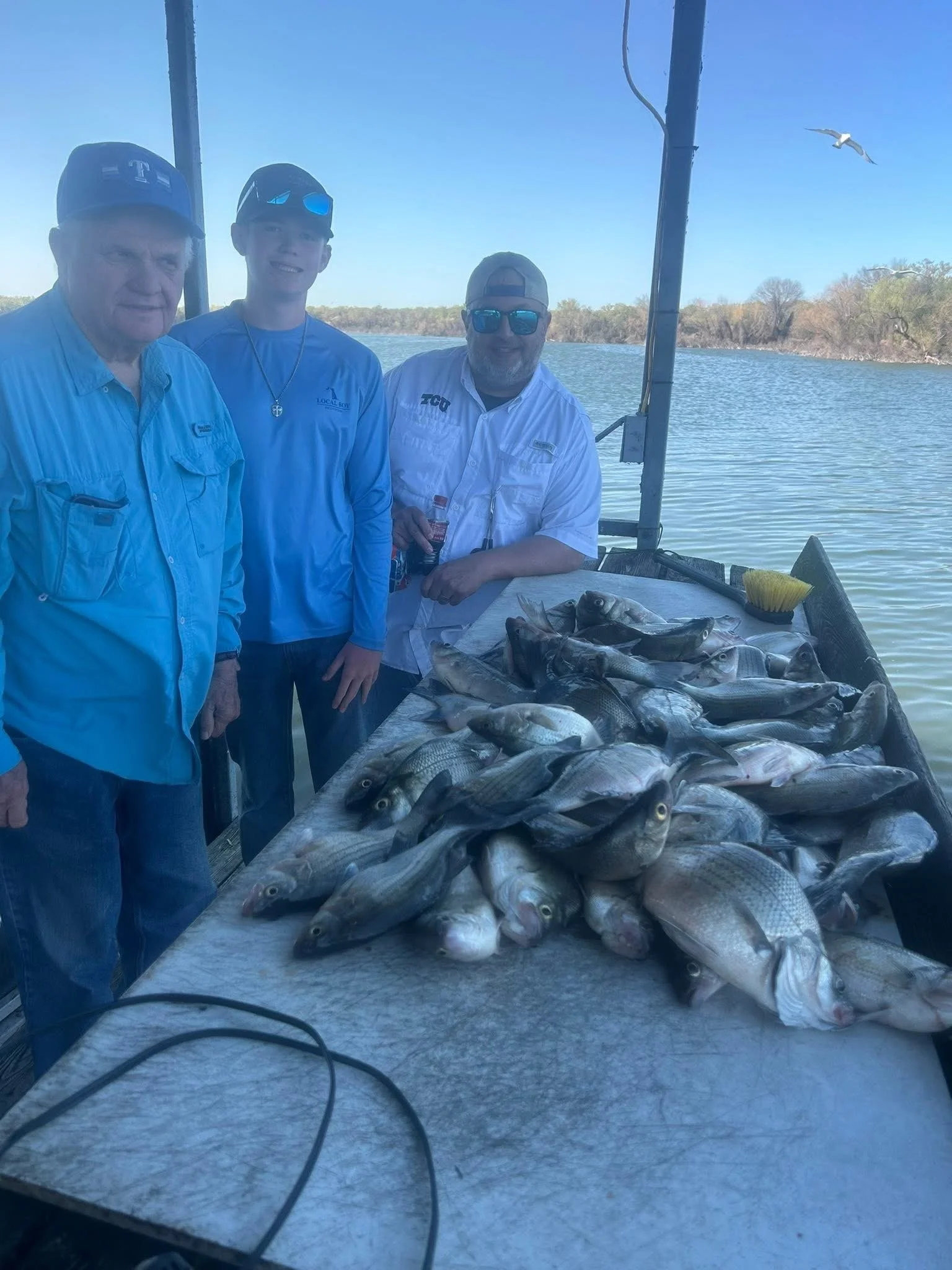 Three men on a boat by a body of water with a fish catch laid out on a table in front of them. The men are smiling and wearing fishing gear and hats, and a seagull is flying in the sky.