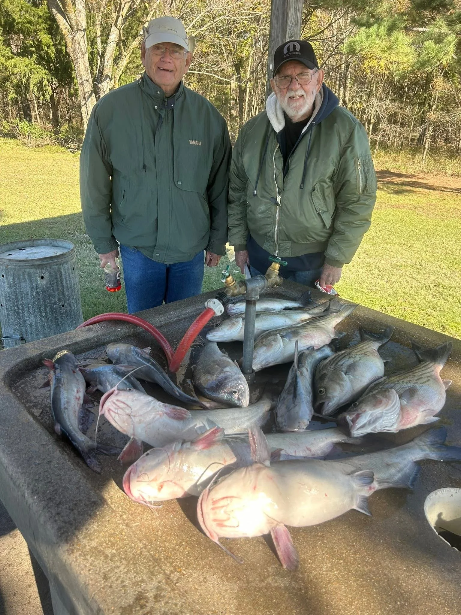Two elderly men standing outdoors near a table with multiple fish laid out. They are smiling; one wears a green windbreaker and the other a green jacket with a hoodie. Behind them is a wooded area with green and yellow leaves.
