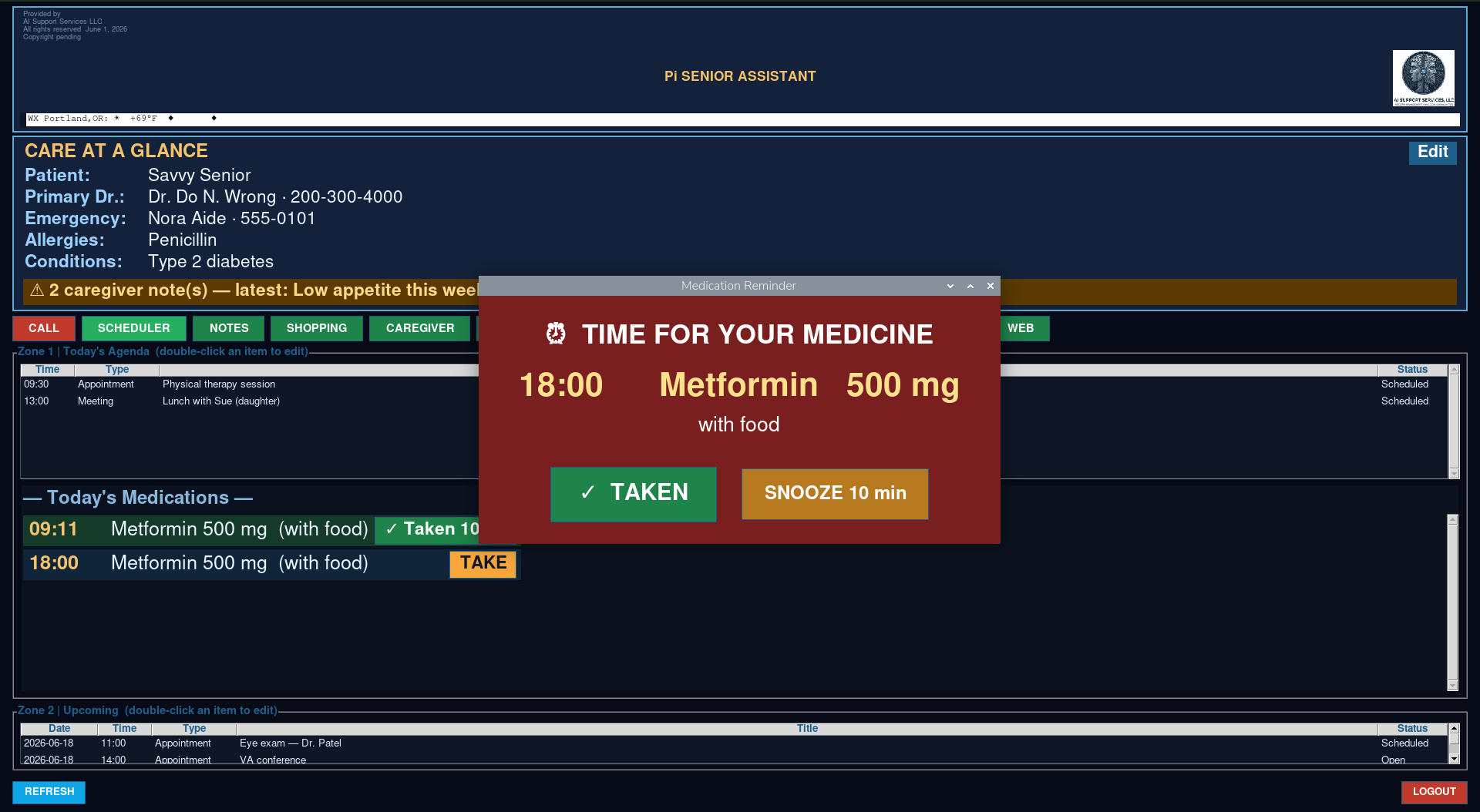 Medical management screen showing a medication reminder for Metformin 500 mg to be taken at 18:00 with food, with options to confirm taken or snooze for 10 minutes.