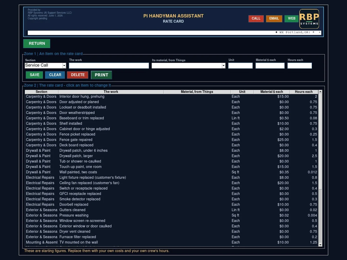 Your own rate card
Every task with its material and its hours; replace the starting figures with your own.