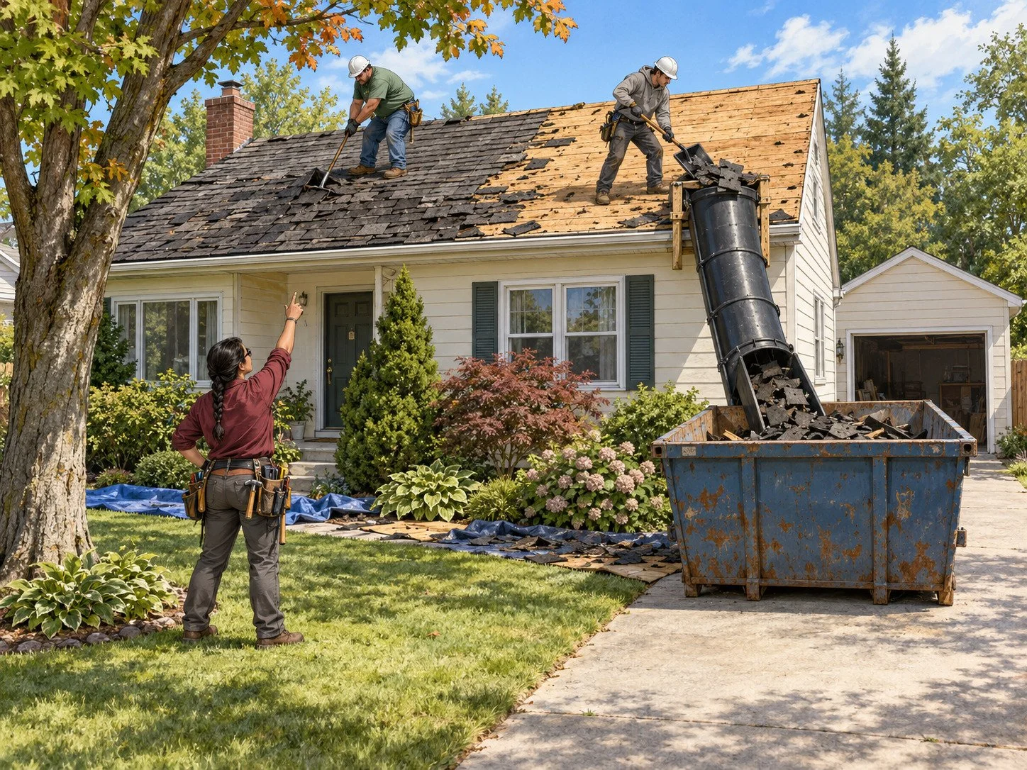 Tear-off day
The crew on the clock against this job and this address, the old roof going into the skip, and the disposal already in the price.