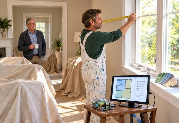 Measure the rooms
Every wall measured, every window and door taken off — right in the living room.
