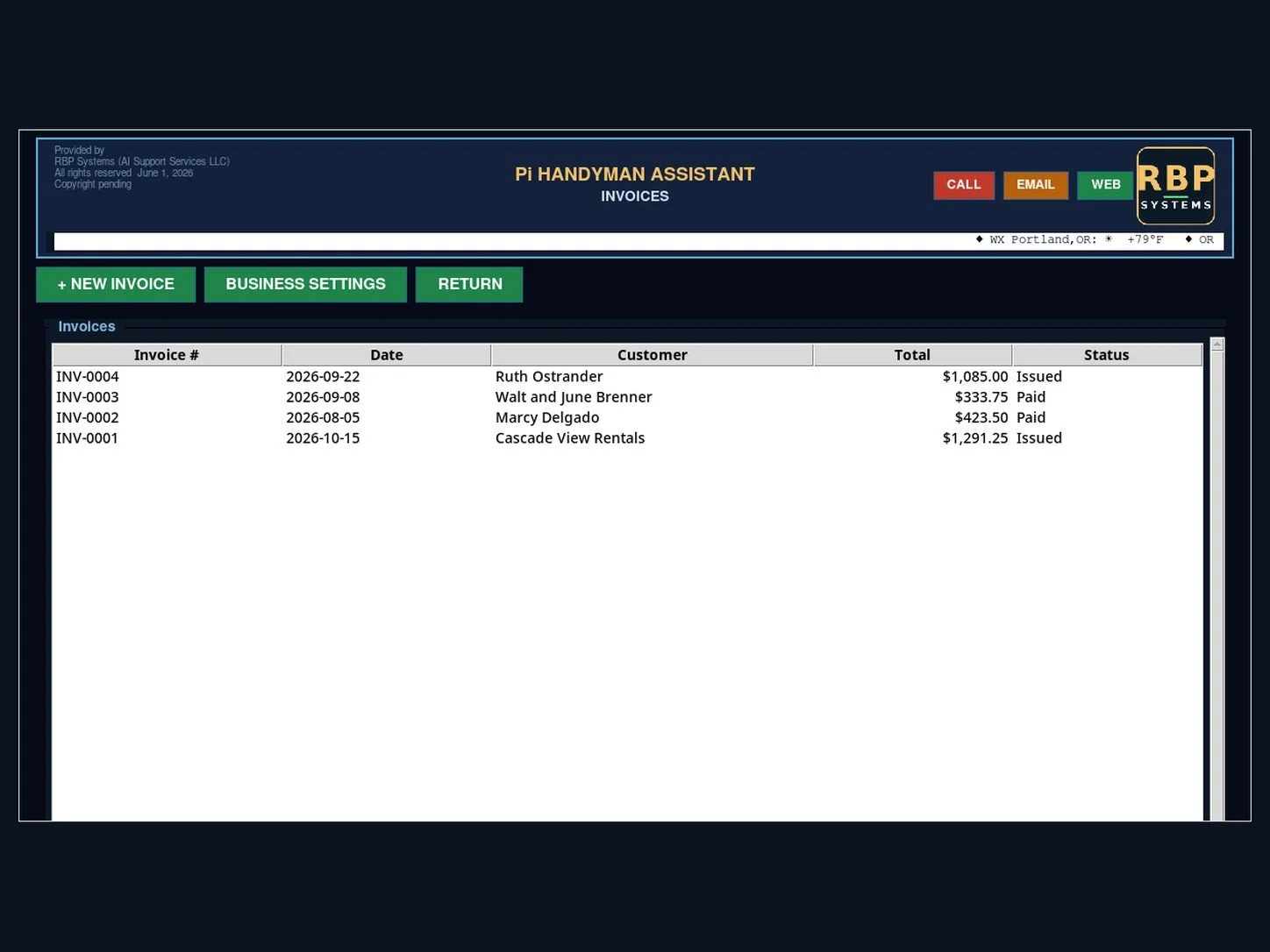 Invoiced and paid
The invoice comes off the job and shows the payments actually received.
