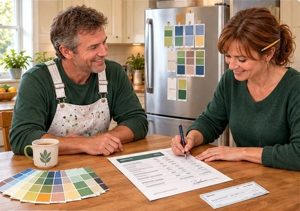 Present it for signature
A printed estimate with the terms on it. The homeowner signs, and the 30% deposit is due on acceptance.
