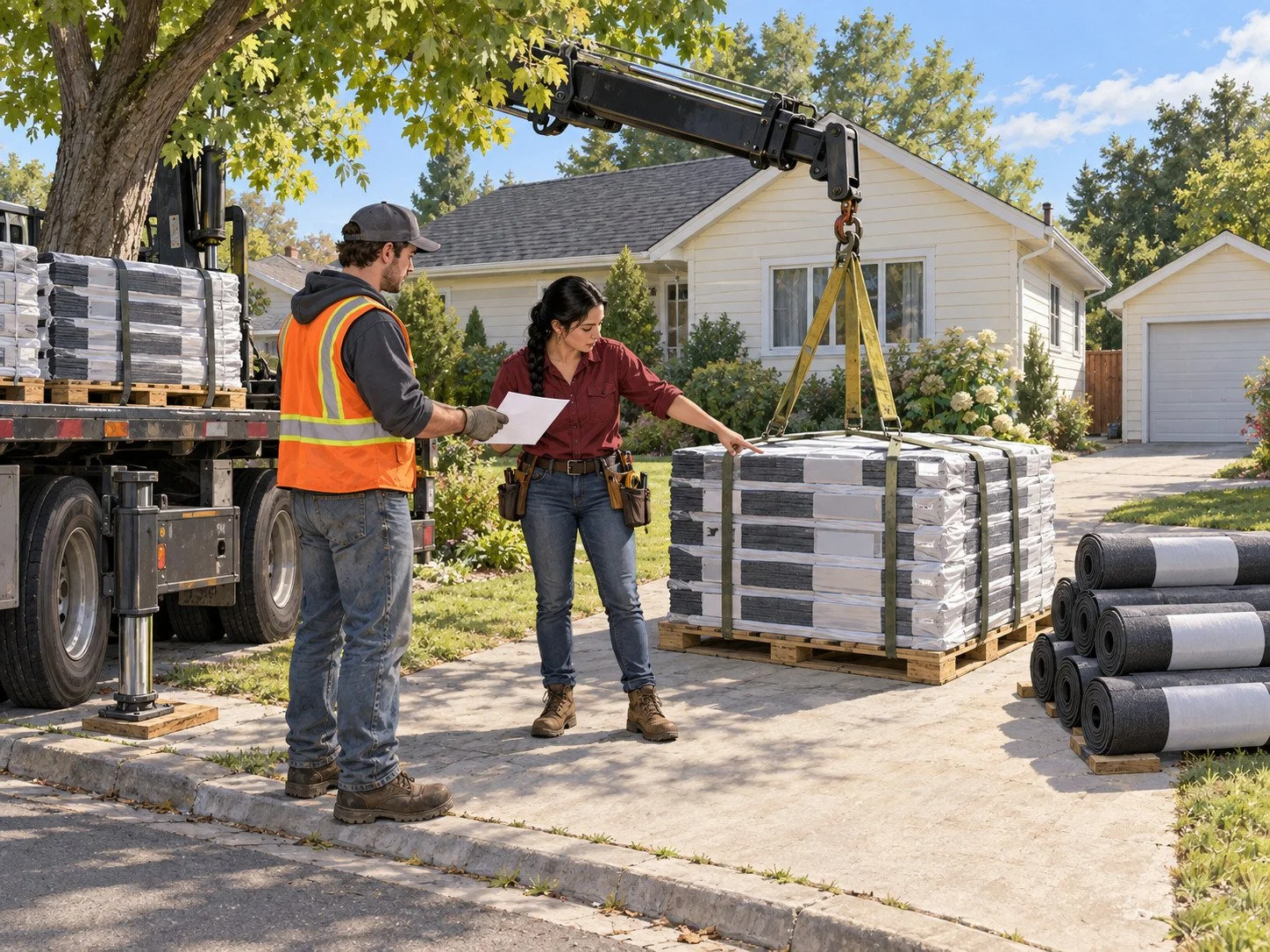 Order it, and check it in
Shingles by the square, underlayment by the roll, drip edge by the piece -- raised on a purchase order and received against it when the truck drops them.
